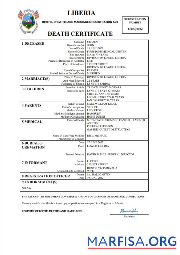 Printable Liberia death certificate Word and PDF template